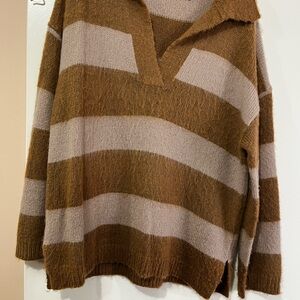 All Saints Striped V-Neck Sweater in Tan and Mauve